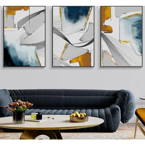 Abstract Blue Orange Gray Lines Wall Art Modern Canvas Painting Minimalism Poster and Print Pictures for Living Room Home Decor