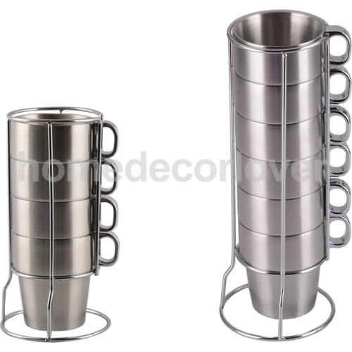 Stainless Steel Cup Double Wall Tea Coffee Mug Unbreakable 6Mugs and Holder