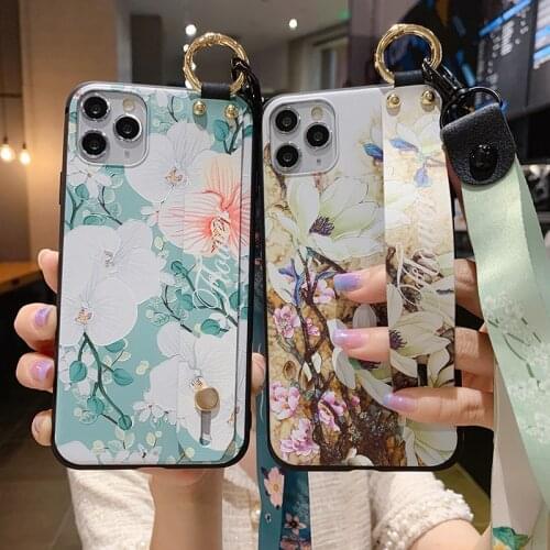 Vintage Flower Wrist Strap Case for iPhone XS 11 Pro Max XR X 7 8 Wristband Finger Ring Holder Lanyard Hanging Rope Stand Cover