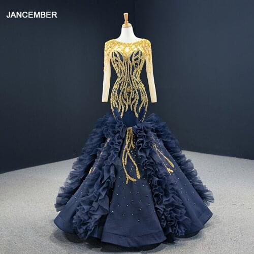 J67132 Jancember Mermaid Evening Dress 2020 O Neck Long Sleeve Beaded Sequined Backless Party Dresses Damit ng Gabi ng Mermaid