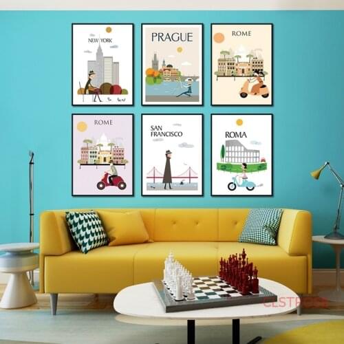 Cartoon Roman New York London City Landscape Canvas Painting Nordic Home Decoration Art Poster Wall Pictures For Living Room