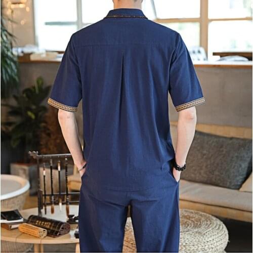 Summer Mens Linen Shirt Sets Male Streetwear Jogger Sweatsuits Shirts+Long Pants Chinese Tracksuit for Men Pieces Set