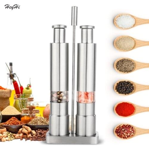 2pcs Pepper Mills Manual Salt Grinder Stainless Steel Thumb Push Pepper And Salt Solid Spice Grinder Kitchen Tools