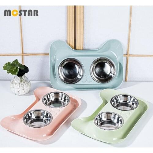 MC Star Cat Face Pets Feeding Stainless Steel Bowl Cat Dual Use Detachable Dishes Dog Feeder Plate Drinking Tilt Bowl PP Plastic