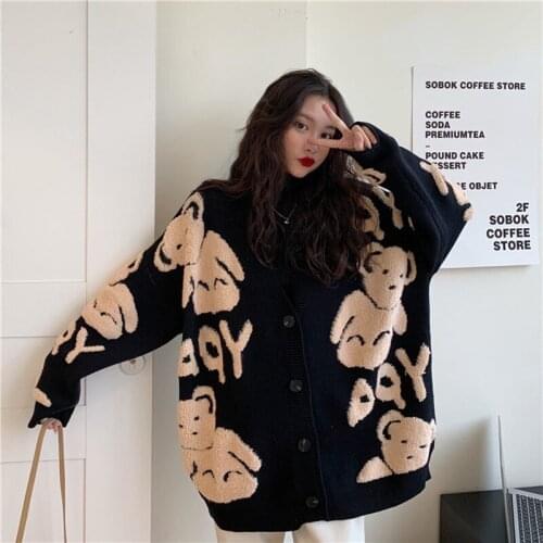 Cute Bear Soft Knitted Cardigan For Women 2020 Winter Korean Kawaii Graphic Long Sleeve Thick Sweater Casual Loose Female Outfit