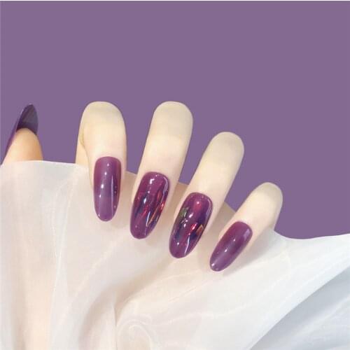 24pcs/Set Pretty Dark Purple False Nails Short Design Round Head UV Fake Nails with Glue Nail Decoration Art Tips Faux Ongles