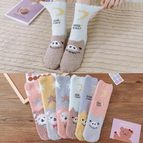 Cartoon Socks Autumn and Winter New Coral Fleece Socks Star Moon Velvet Ladies Girls Tube Socks Warm Sleep Socks Floor Socks