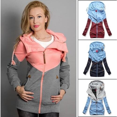 New womens double zipper color matching hooded long-sleeved plus velvet sweater women