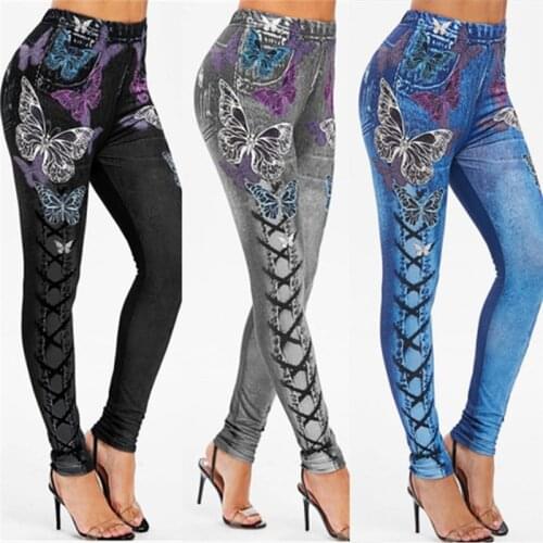 Slim Women Leggings Print Butterfly Faux Denim Jeans Casual Pencil Leggings Ladies Fitness Leggings
