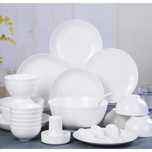 Wholesale Tableware Jingdezhen Ceramics Tableware Glazed Bone China Pure White Bowl and Dish Plate Set 30pcs