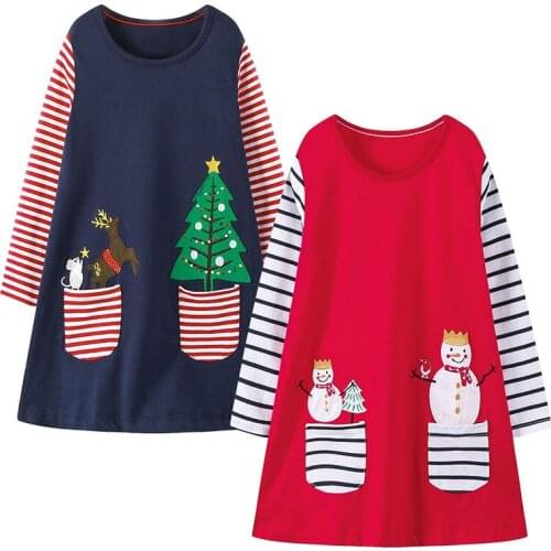 Girls Red Christmas Dress Navy Cotton Deer Snowman Pocket Stripe Dresses for Little Girls New Year Party Costume 2-7 Years