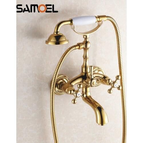 Classic Popular Gold Brass Bath Shower Faucet Mixer Tap Wall-Mounted Copper Dual Handle Golden Bath tub Faucet Set SF1072