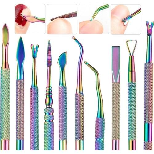 Pro Gradient Rainbow Titanium Dead Skin Cuticle Pusher Nail Files Fingernails Care UV Gel Polish Remover Manicure Cleaning Tool