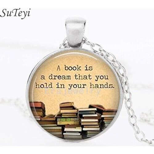 SUTEYI 'A book is a drem that you hold in your hands' Words Necklace Old Books Photo Glass Cabochon Pendant Handmade DIY Jewelry