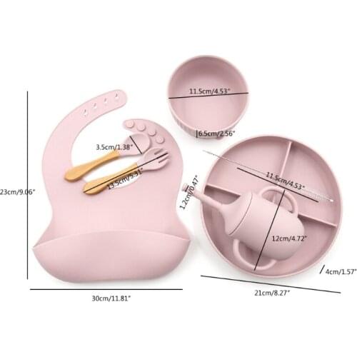 6 Pcs Baby Silicone Bib Divided Dinner Plate Sucker Bowl Spoon Fork Water Cup Set Training Feeding Food Utensil Dishes Tableware