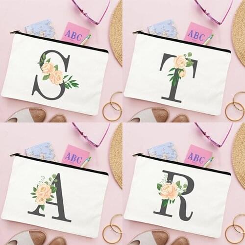 Yellow Rose Alphabet A-Z Print Fashion Women Cosmetic Bag Canvas Casual Zipper Large Makeup Bags Organizer Purse Travel Pouch