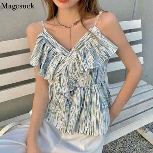 Sleeveless Summer Ruffle Blouse Women Vintage Striped Print Halter Suspender Top 2021 Korean Slim V-neck Sexy Shirt Blusas 15411