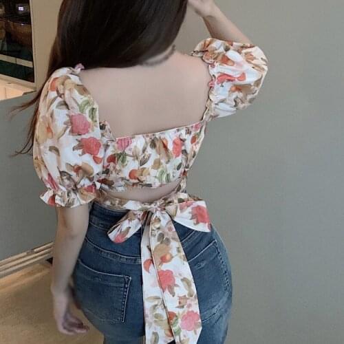Summer Women Floral Printed T-Shirt Puff Sleeve Square Neck Low Slim Exposed Navel Shirt Top Ladies Off Shoulder Sweet Tops