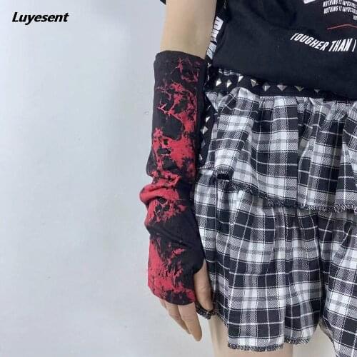 Women Punk Cool Tie Dye Glove 2021 Lady Dark Gothic Fingerless Elbow Length Goth Black Red Gloves Ninja Street Hip-hop Mittens