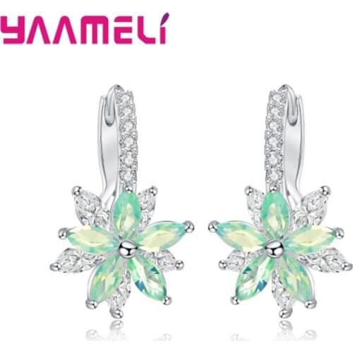 High Quality AAA+ Blue Cubic Zirconia Flower Cute Earring 925 Sterling Silver Ear Hoop Earrings For Fashion Women Party Jewelry