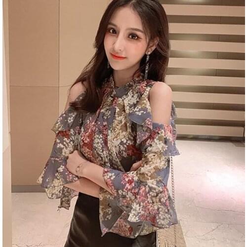 Off Shoulder Women Spring Summer Style Chiffon Blouses Shirts Casual Short Flare Sleeve Flower Printed Blusas Tops ZZ0457