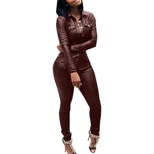 Pant Sets Women Casual Leisure elegance Solid Color Faux Leather Turn Down Collar Shirt Pants Two-piece Set Womens Clothing