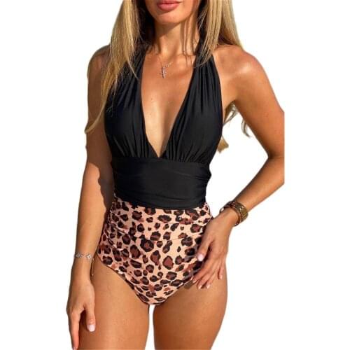 Women Sexy Leopard Print Bikini One Piece Push Up Bathing Halter Triangle Swimwear Female High Waist Swimsuit Maillot De Bain