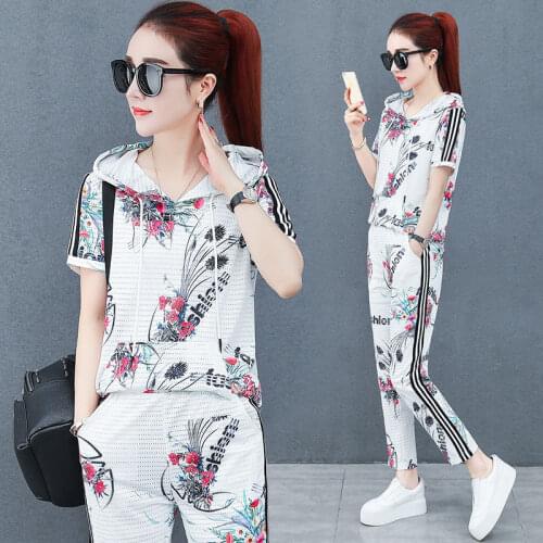 Fashion Print Hooded Tracksuit Women Plus Size 4XL Casual Short Sleeve Hoodies + Sweatpants Suit Two Piece Set Street Sportswear