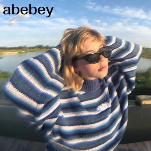 Clarissa Sweater Blue & White Striped Oversized Jumper Embroidered Mock Neck Cropped Pullovers Harajuku Womens Sweaters