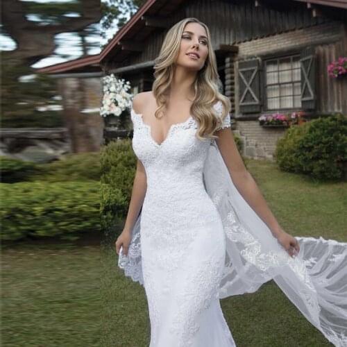 V-neck Short Sleeves Appliques Lace Mermaid Wedding Dresses Slim Fishtail Bridal Gowns 2020 Plus Size Vestidos De Mariee