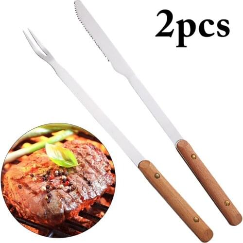 2Pcs BBQ Fork Knife Picnic Roasted Tools Barbecue Accessories Portable Kitchen Gadgets Stainless Steel Barbecue Tool Sets