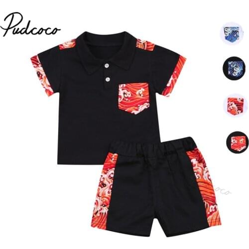 2Pcs Fashionable Infant Kids Boy Outfit Summer Toddlers Creative Sea Wave Pattern Short Sleeve Lapel T-shirt + Casual Shorts Set