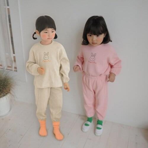 2021 Autumn Korean Children Girls Set Two Piece Spring Baby Boys Clothes Suits Rabbit Pattern Long Sleeve Infants Cotton Outfits