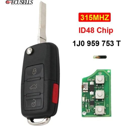 3+1/4 Button Remote Key 1J0 959 753 T 315MHZ 1J0959753T ID48 Chip For Volkswagen/VW Jetta Passat Cabrio Beetle Golf HU66 Blade
