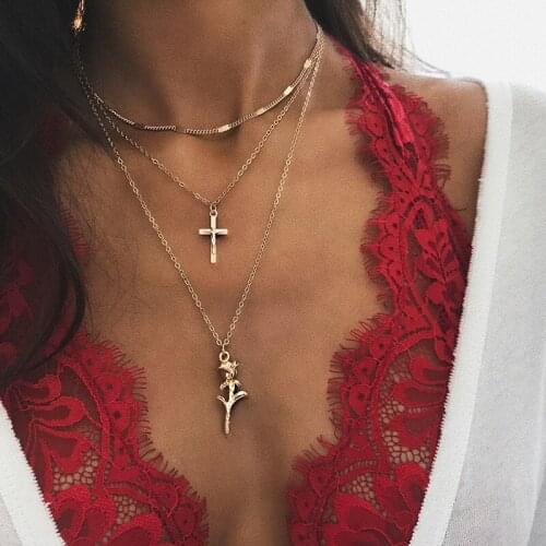 3 Pcs/Set Women Necklaces Vintage Jesus Cross Rose Pendant Multi-layered Gold Long Necklace Exquisite Lady Wedding Party Jewelry
