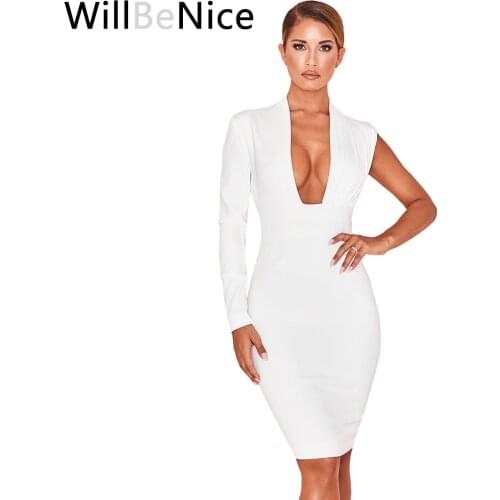 WillBeNice White 2019 Winter Bandage Dress Deep V Neck Long sleeve Sexy Dress Bandage Mid Length Bodycon Club Party Vestidos