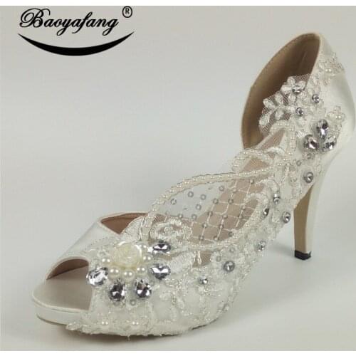 BaoYaFang Women Peep Toe Wedding shoes woman High heel platform shoes Fish Toe Party dress shoes female big size 41-43 shallow