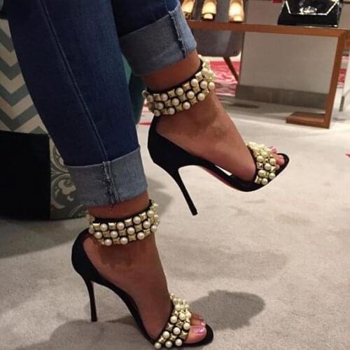 Summer Pearl Grainy Rivets Studs Strap Sandals Open Toe Jeweled Ankle Strap Magic Tape Party Thin High Heels Mujer Zapatos