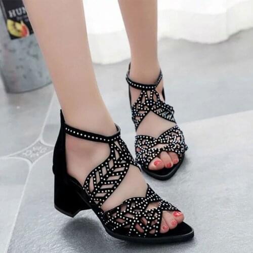 New Style Women Summer Hollow Out Faux Leather Rhinestones Thick Heel Zipper Sandals Shoes Eur 2021