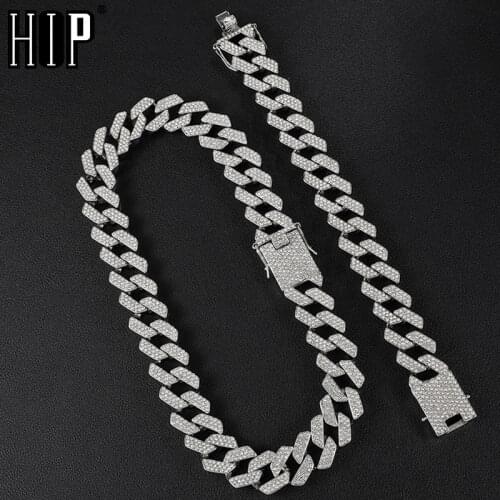Hip Hop 20MM Bling AAA+ Iced Out Alloy Rhinestones Prong Cuban Link Chain Bracelet Necklace For Men Jewelry