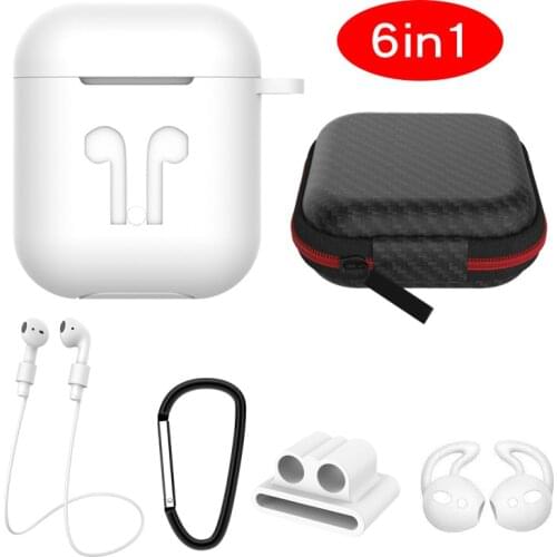 6 in 1 Cases for Apple Airpods 1 2 Storage Box Protective Cover Lanyard Carabiner Earphone Bag Shockproof Anti-lost Strap Hook