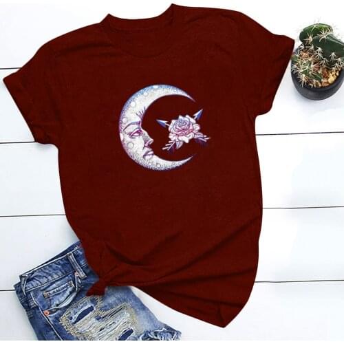 Oversized Harajuku Tee Shirt Moon Graphic Tshirt Womens Vintage Printed Casual Fashion Soild Color Short Sleeve Tops Blusas
