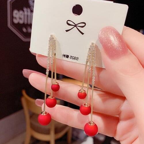 Red Pearl Tassel Drop Earrings Korean Fashion Temperament Elegant For Women Girl Party Jewelry Gift
