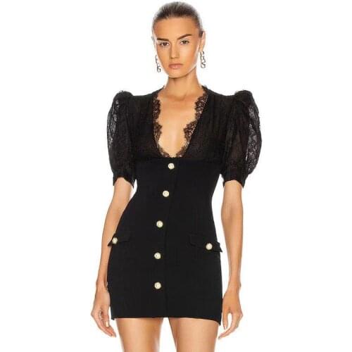 2021 New Fashion Women Sexy Designer Black Lace Short Sleeve Mini Bodycon Bandage Dress