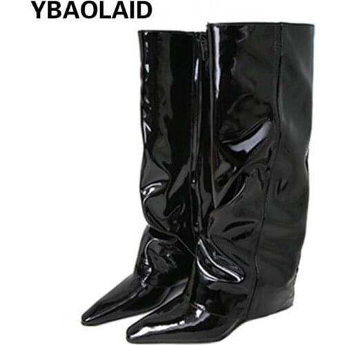 New Style Cowhide Solid Color Pointed Toe Wedges Trousers Fashion Boots Patent Leather Fake Trousers Side Zipper High Boots