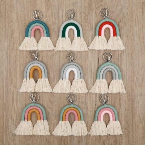 OOTDTY Weaving Rainbow Tassel Keychain Boho Handmade Tassel Keyring For Women Bag Charm Pendant Jewelry Key Holder