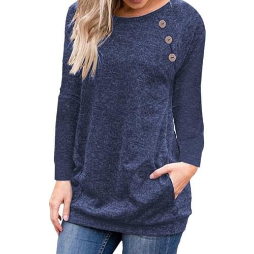 Autumn Spring T-shirt Women Button Pockets Loose Long Sleeve T-Shirts Fashion O Neck Casual Tops Blue Black Tee