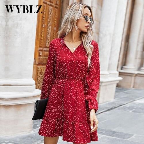 WYBLZ Spring Summer Polka Dot Print Dress Women 2021 New Casual Lace Up V Neck Full Sleeve Slim Short Dress Vestidos De Fiesta