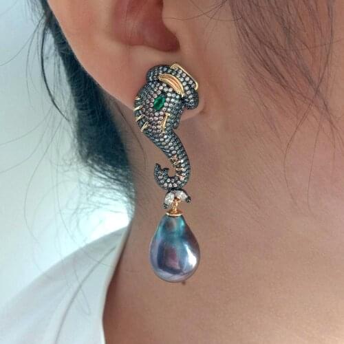 YYGEM natural Nucleated Flameball Baroque Pearl animal Cubic Zirconia micro Pave Elephant gunmetal color Stud earrings