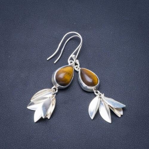 Natural Tiger Eye Handmade Unique Leaf 925 Sterling Silver Earrings 2" B2192